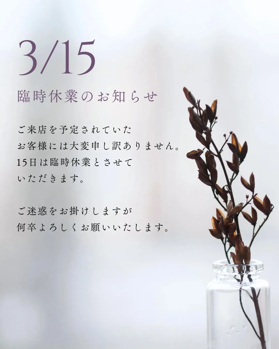 【3月15日(日)臨時休業のお知らせ】